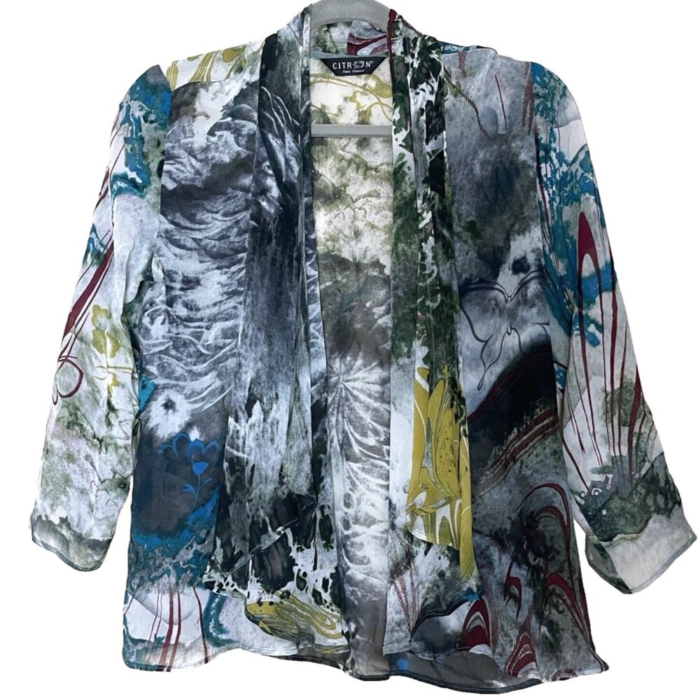 Citron Santa Monica Open Front Silk Jacket Abstract Print 3/4 Sleeve Art to Wear